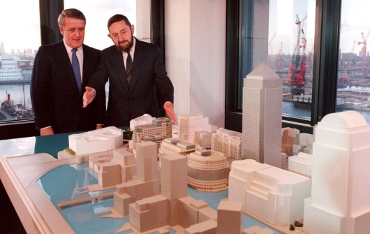 Paul Reichmann Showing Former Canadian Prime Minister Brian Mulroney a Model of Canary Wharf in London